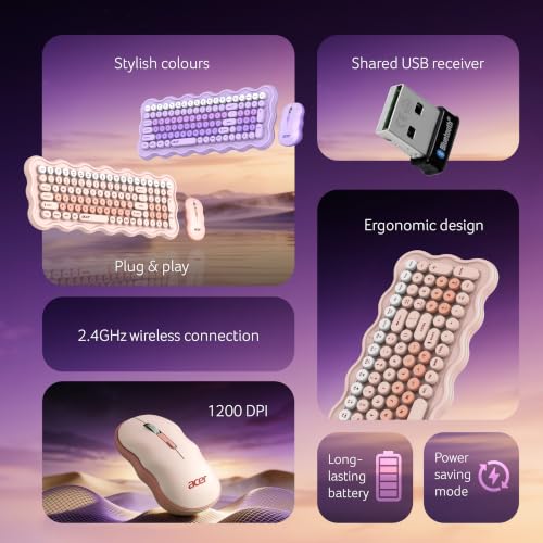 Image of Acer PopGo Wireless Keyboard and Mouse Combo | 2.4GHz Wireless USB Receiver | Retro Round Keycaps Keyboard | 1200 DPI Optical Mouse | Plug & Play | Power Saving Design for PC, Laptop, Desktop | Beige