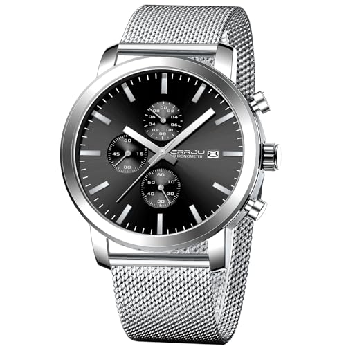 CRRJU Mens Stylish Casual Quartz Watches for Men Luxury Waterproof Calendar Chronograph Japan Movement Wristwatches M silver black