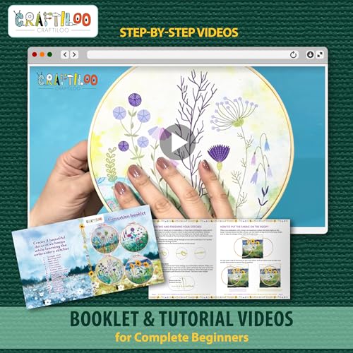 Image of CRAFTILOO Embroidery Kit for Beginners Adults - 4 Floral Stamped Patterns, Learn 17 Stitches | Needlepoint Kit for Adults with Hoop, Needles, Thread & Video Tutorial | Hand Embroidery Kits for Women