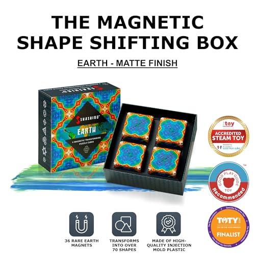 Image of Shashibo Shape Shifting Box - Award-Winning, Patented Fidget Cube w / 36 Rare Earth Magnets - Transforms Into Over 70 Shapes, Gift Box, Download Fun in Motion Toys Mobile App (Earth, 4 Pack)