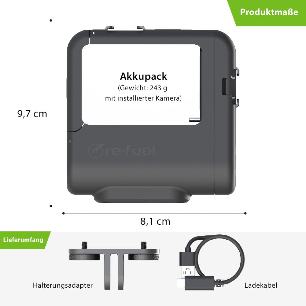 DigiPower Re-Fuel Akkupack, 9 Stunden Akkulaufzeit für GoPro HERO11 & HERO10 Black & HERO9 Black, kompatibel mit GoPro Action-Kamera, IP68 wasserdicht und staubdicht, Allwetter, schwarz