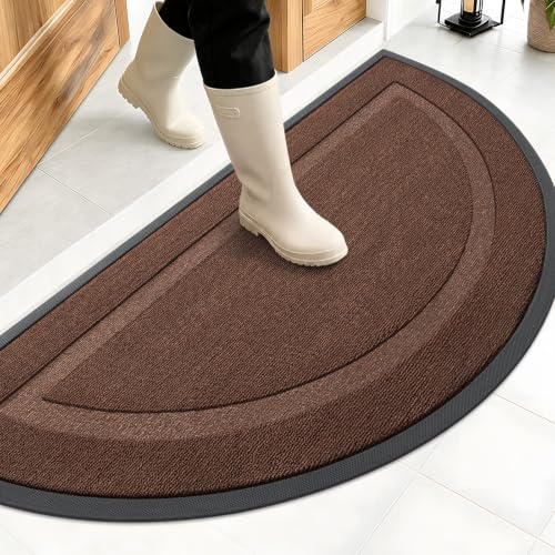 Image of OLANLY Half Circle Door Mat Indoor Outdoor Entrance Welcome, Waterproof All-Season, All-Weather Doormat, Sturdy Natural Rubber, Easy Clean Patio Porch Entryway Mat, 47x23, Chocolate Brown