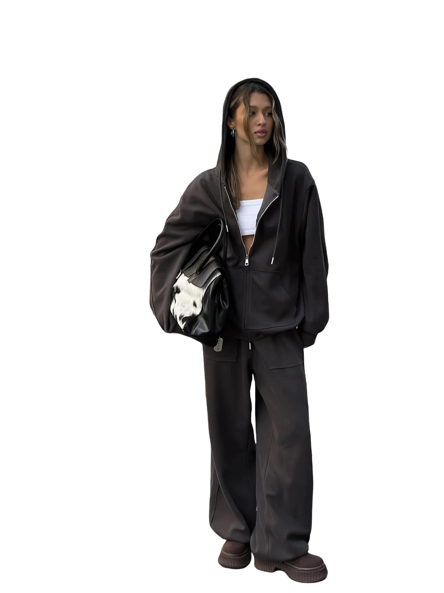 Abito casual tinta unita a maniche lunghe cerniera felpa con cappuccio giacca stringata pantaloni larghi set due pezzi