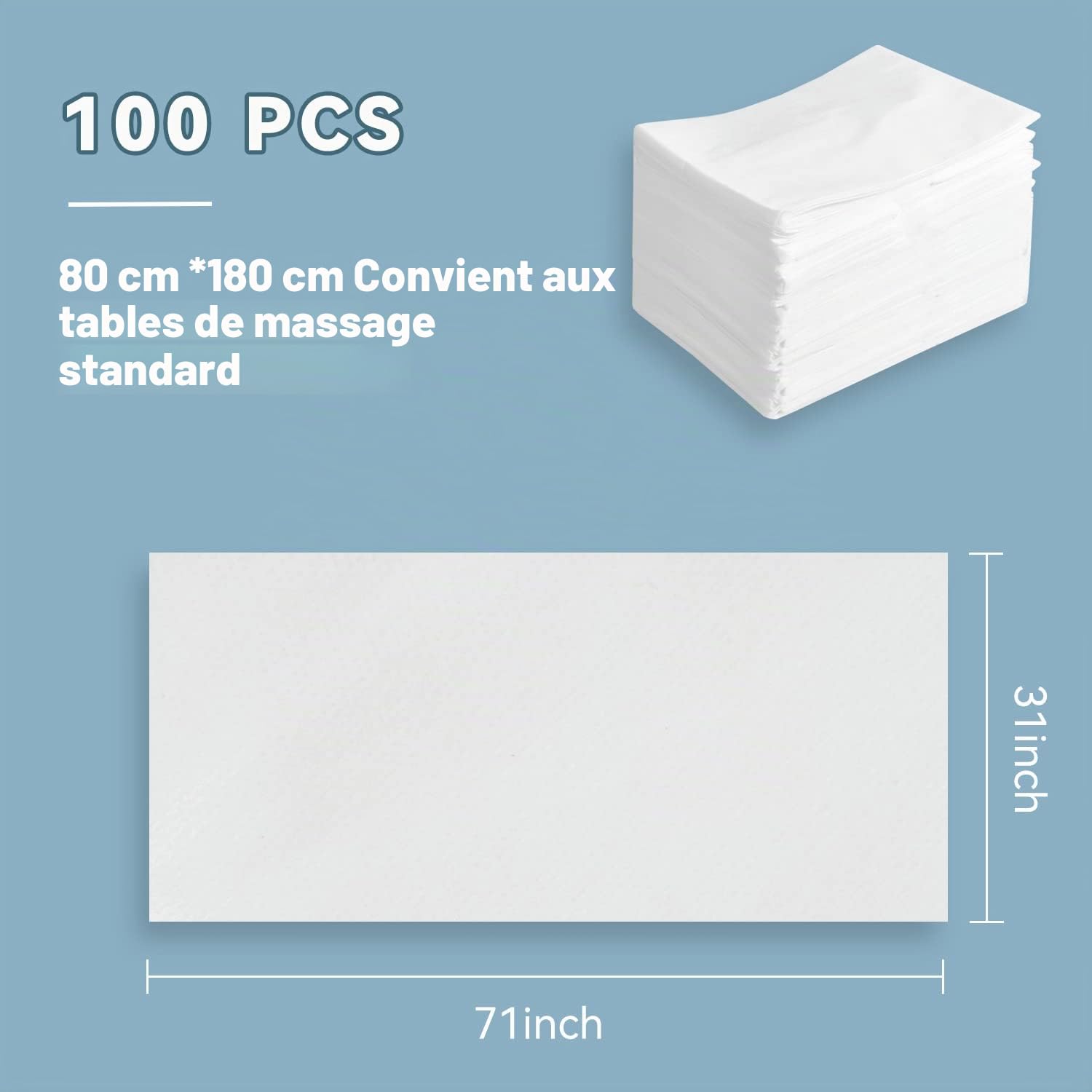 Lot de 100 Draps Jetables pour Table de Massage, Drap de Lit Jetable en Tissu Non Tissé Épais, Draps Jetables pour SPA, Institut de Beauté, Salon de Tatouage, 80 x 180 cm, Blanc