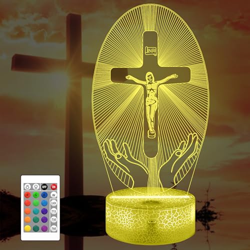 Attivolife Luz nocturna 3D con diseño de cruz de Jesús, lámpara de holograma óptico de ilusión cristiana con control remoto de 16 colores que cambian de color, decoración católica, cumpleaños Attivolife Luz nocturna 3D con diseño de cruz de Jesús, lámpara de holograma óptico de ilusión cristiana con control remoto de 16 colores que cambian de color, decoración católica, cumpleaños