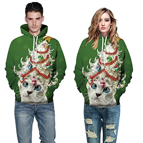 Couple 3D Santa Print Ugly Christmas Kangaroo Pocket Sweatshirt Hoodies Pullover Lady Cat Xxl #TOP4