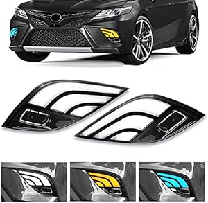 COMZY Fog Lights Led Turn Signal For Toyota Camry SE XSE TRD Trims 2018 2019 2020, 3 Color White Yellow Blue, Day Running Lights Front Fog Lamps Kit With Cables - 1 Pair (black-2)