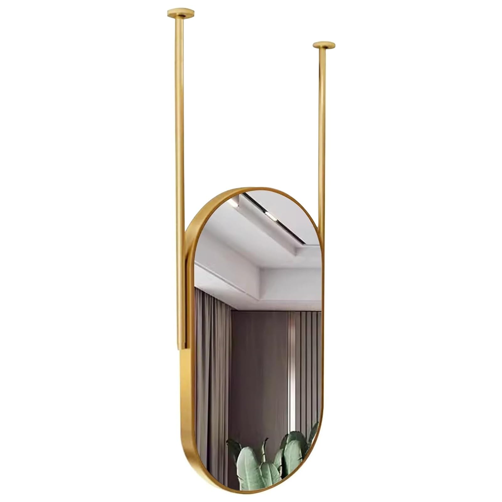 GLJTUO Wall Mounted Mirrors for Bathroom,Gold Oval,Suspended Mirror with Metal Frame and Ceiling Rods x 2 - Boom can be customizable, Modern Vertical Hotel Hanging,size_name-40x60cm