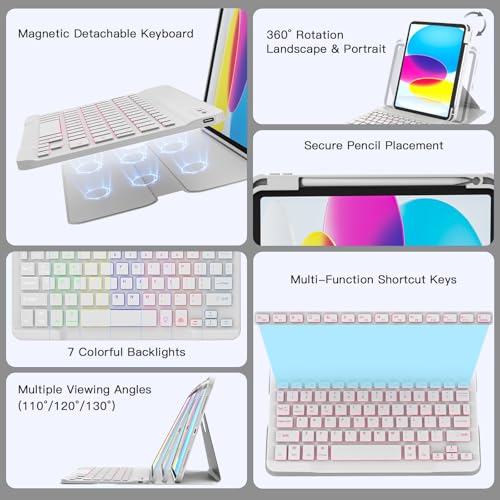 Image of RAYMCRAFT for iPad 11th(A16, 2025) /10th Generation Case with Keyboard, 360 Rotatable Case & Detachable Backlit Keyboard, Precision Cutouts and Pen Holder for iPad A16 11'' /10th 10.9'', White