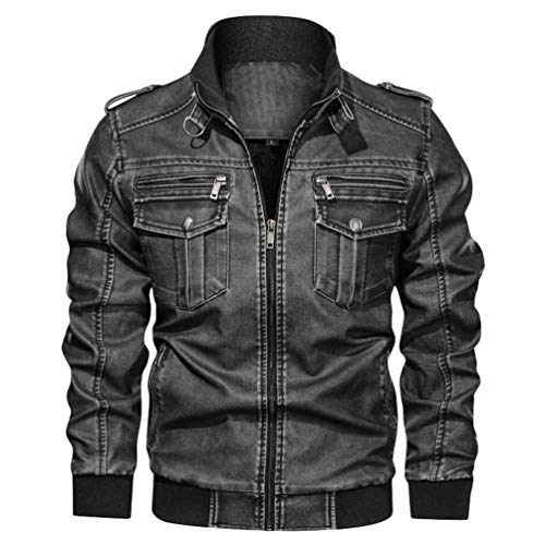 Yuanu Herren Moto Biker Jacke Kunstleder Motorradjacke Retro Stehkragen Multi-Pocket Reißverschluss Mantel Herbst Winter Pu Leder Motorradjacken Schwarz L Cover
