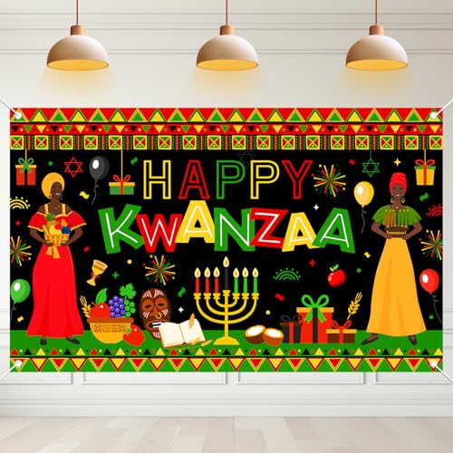 Avezano Happy Kwanzaa Banner Africans American Traditional Festival Backdrop Kwanzaa African Heritage Holiday Party Decorations Banner Supplies (6x3.6ft)