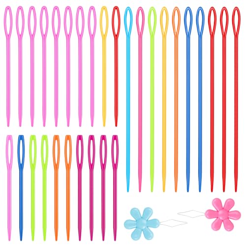 Image of 32PCS Plastic Needles with 2 Threaders, Large Eye Plastic Needles for Kids, Colorful Sewing Yarn Needle for Crochet, Canvas, and Handmade Crafts(4 Colors,3 Sizes)