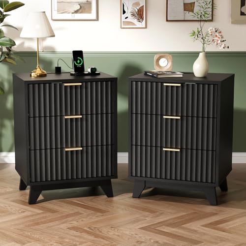Image of VINGLI Black Fluted Nightstands Set of 2 with Charging Station,3 Drawer Black Wood Nightstand for Bedroom, Modern Night Stand with Drawers, Fluted Bedside Table /End Table /Side Table, 2 pcs