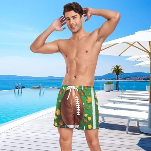 Mens Swim Trunks with Liner, Thanksgiving Football Leaf Cool Quick Dry Beach Swim Shorts, Swimwear Bathing Suits S4