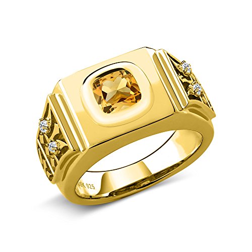 Gem Stone King 18K Yellow Gold Plated Silver Yellow Citrine and White Topaz Men's Ring (3.04 Cttw, Gemstone Birthstone, Available In Size 8,9,10,11,12,13)