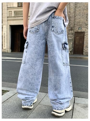 Boy's Denim Cargo Pants Vintage High Waisted Straight Leg Baggy Jeans with Pockets2