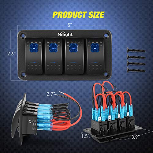 Nilight - 90109D 4 Gang Aluminum Rocker Switch Panel Toggle Dash 5 Pin On/Off Pre-Wired Rocker Switch Blue Backlit Switch For Automotive Car Marine Boat Rv,2 Years Warranty #TOP1