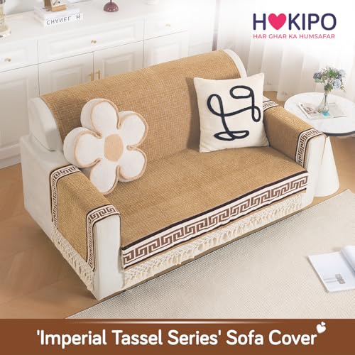 Image of HOKIPO 'Imperial Tassel Series' Premium Chenille Jacquard Sofa Cover Set for 2 Seater for Seat, Back & Arms with Tassels, Caramel Brown (IN-1010 + IN-1012-I2*2)