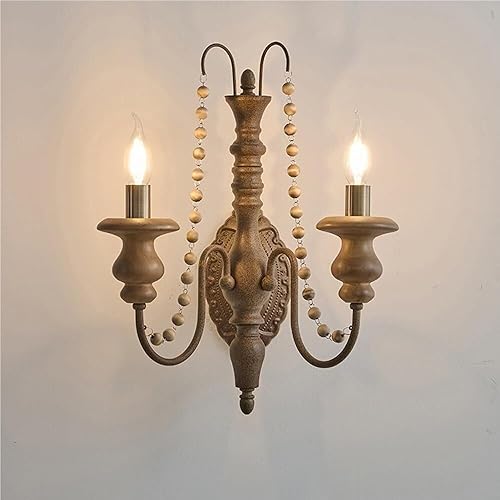 Aplique de pared vintage con cuentas de madera envejecida, portavelas con base E12E14, iluminación de granja para pasillo, dormitorio, sala de