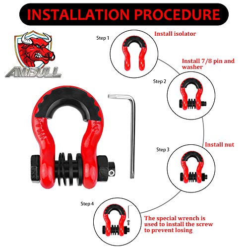 Ambull Shackles 3/4" D Ring Shackle (2 Pack) 45,000Lb Break Strength With 7/8" Pin, Anti Theft Security Screws, Isolator & Washer Kits For Use With Tow Strap Winch Truck Vehicle Recovery, Red #TOP4