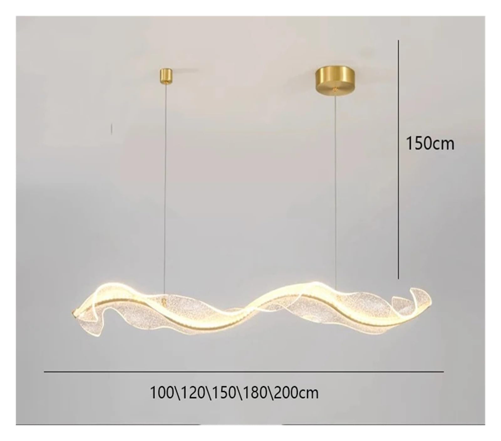 Lampada a sospensione LED lineare a onda artistica con cornice dorata e nastro in resina, luce ambientale calda, ideale per isola cucina, sala da pranzo, soggiorno e arredamento casa. (Length180cm)