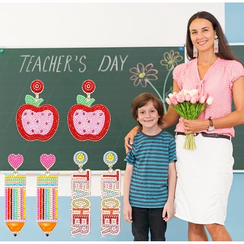 2/3 Pairs Pencil Earrings - Rhinestone Beaded Dangle Drop Earrings for Women - Colorful Teacher Appreciation Gift Set3
