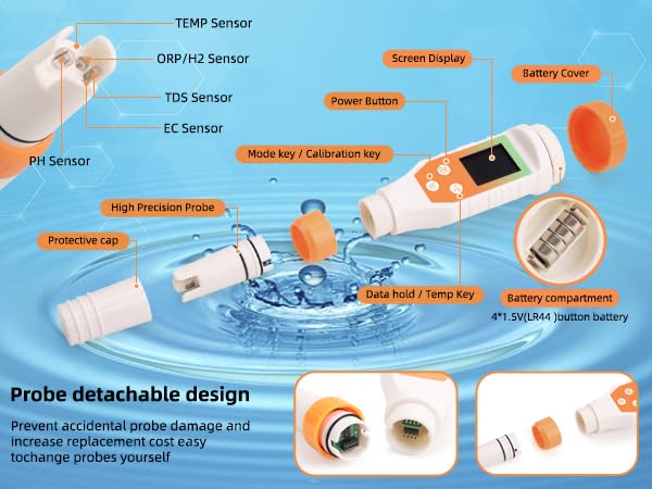 Image of 7-in-1 Digital Water Quality Tester - ph Meter, pH TDS EC ORP Salt Temperature Meter, Portable Testing Kit with Digital Display