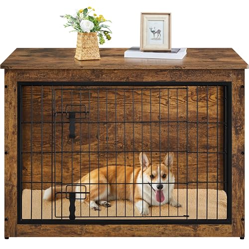 Yaheetech Hundekäfig Möbel mit Hundedecke & 2 Türen, Hundebox für Zuhause, Moderne Hundehütte Indoor, Hundebox Holz für Wohnzimmer, 96x65x68 cm, Braun
