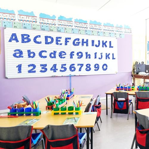 Image of Colarr 216 Pcs Glitter Bulletin Board Letters for Classroom 4 Inch Patriotic Alphabet Punctuation Symbol Cutout Die-Cut Blue Poster Letter with Adhesive Dot School Party Holiday Decor Display