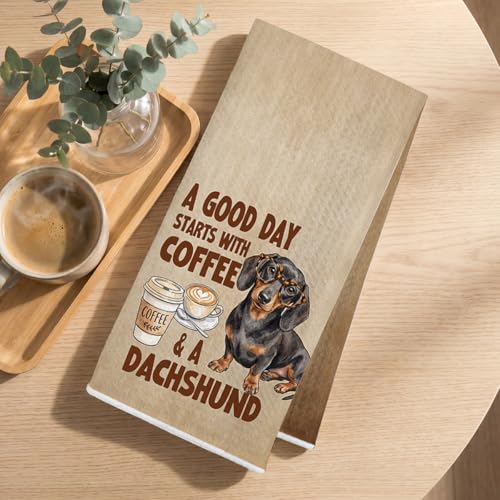 Image of 2 Pcs Funny Dachshund Kitchen Towels 24x14 Inch, Coffee Dachshund Gifts Reusable Dish Towels for Kitchen Decor, Waffle Weave Absorbent Tea Towel, Cute Weiner Dog Gifts for Women Mom Friend