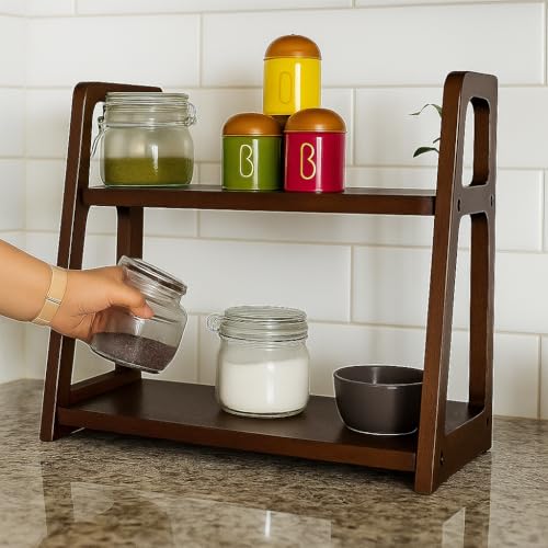Image of 2 Tier Wooden Kitchen Organizer Rack for Countertop | Spice Jar Storage Shelf | Countertop Kitchen Rack 45x20x40 cm Brown | Wooden Storage Stand for Home and Kitchen