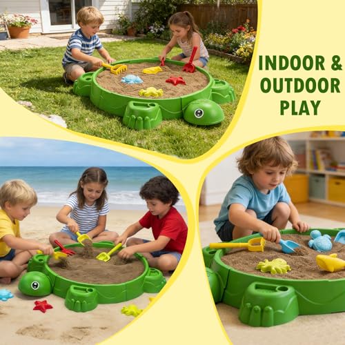Image of Turtle Sandbox with Lid & Beach Toys Set, 38 inch Kids Sandbox for Toddlers 3-8, Indoor Outdoor Sensory Play Sand Box with Cover, Summer Gift for Ages 3-8