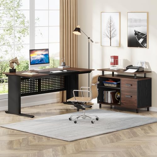 Image of Tribesigns 63 Inch Executive Desk with File Cabinet, Large Office Desk L Shaped Computer Desk with Drawers and Storage Shelves, Business Furniture Desk for Home Office, Dark Walnut and Black