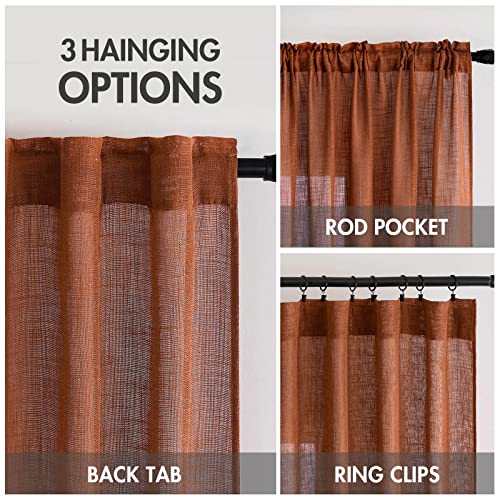 MIULEE Burnt Orange Linen Curtains 120 Inches Long for Living Room, Soft Thick Linen Textured Window Drapes Terracotta Rust Fall Decor Semi Sheer Light Filtering Rod Pocket Back Tab, 2 Panels 10 Ft