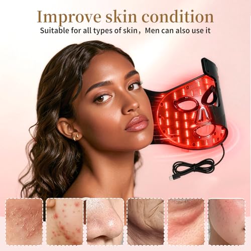 Image of Red Light Mask 4 Color Light Therapy for Face,with 240 LED Mask,1800mAh Rechargeable Controller,850nm Near Infrared Yellow&Blue Modes timer for 10 minutes 3 energy levels Anti-Aging at Home & Travel