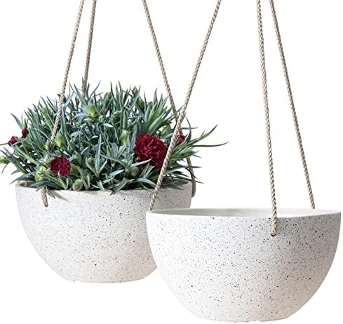 LA Jolie Muse Speckled White Hanging Planter - 8 Inch Indoor Outdoor Hanging Plant Pot Basket, Flower Pot with Drainage Hole, Set of 2