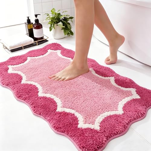 Wylumen Cute Scalloped Rose Pink Bathroom Rugs Mat Non Slip Absorbent Quick Dry Bath Mats for Shower Room Microfiber Bath Mats for Bathroom Floor Washable Carpet for Shower Tub Sink Bedroom 20x32