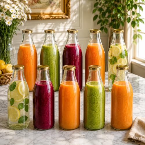 Image of Pure Source India 1 Litre Glass Bottle with Gold Metal Lid - Reusable, BPA-Free, Leak-Proof Beverage & Milk Storage Container (Set of 10)