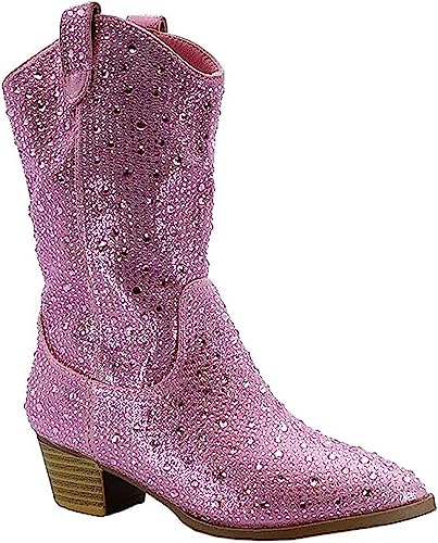 Forever Girls/Kids Rhinestone Western Cowgirl Cowboy Pointed Toe Low Heel Boots Pink 13