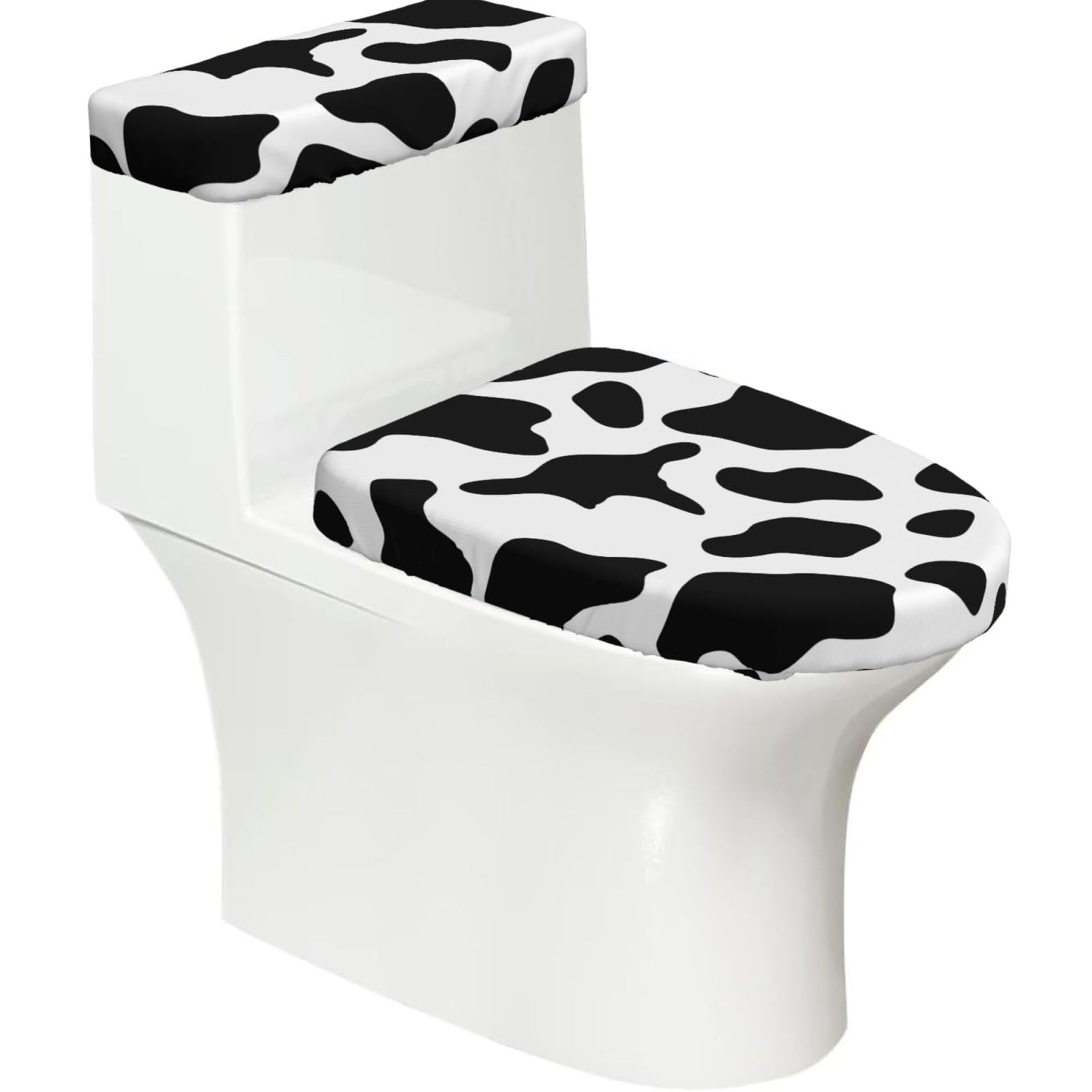 Fodpand Black And White Cow Print Toilet Lid Cover And Toilet Tank Cover Set, Washable Soft Toilet Seat Cover With Elastic Bottom, Universal Stylish Toilet Cover Set For Bathroom Decor Accessories
