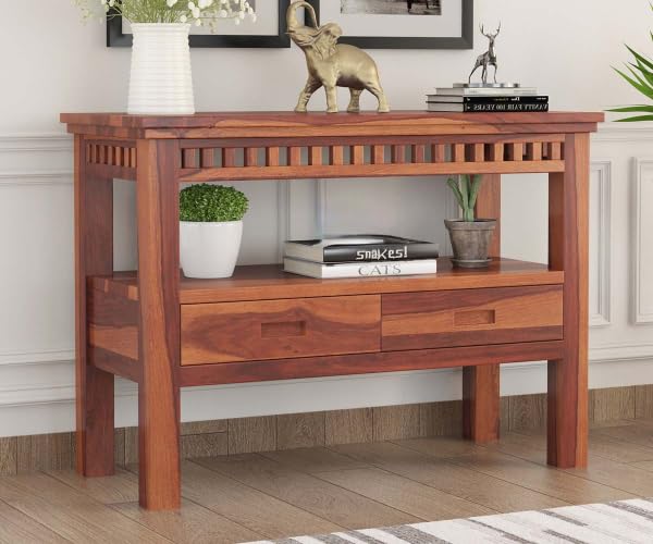 Image of Sheesham Wood Console Table for Living Room | Solid Wood Entryway Hallway Sofa & Fish Tank Table with 2 Drawers & Shelf Storage | Rosewood Honey Finish