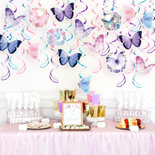 Image of Butterfly Hanging Swirls Party Decorations | 46 Pcs Pink Purple Butterfly Ceiling Streamers Spring Summer Themed Decor for Girl Baby Shower Birthday Wedding Fairy Party