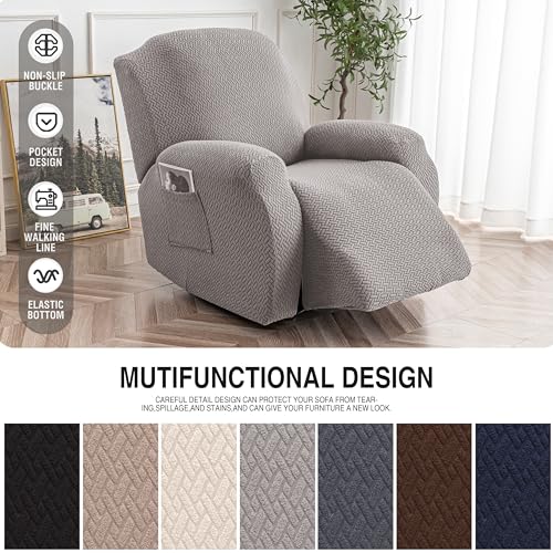 Image of Genina Recliner Chair Covers, Stretch Reclining Chair Cover, Recliner Sofa Slipcovers Stripe Jacquard Lazy Couch Covers Furniture Protector Covers for Pet Kid (Light Grey, 1 Seat)