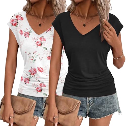 Haut d'été pour femme coupe ample chic t-shirt col en V léger