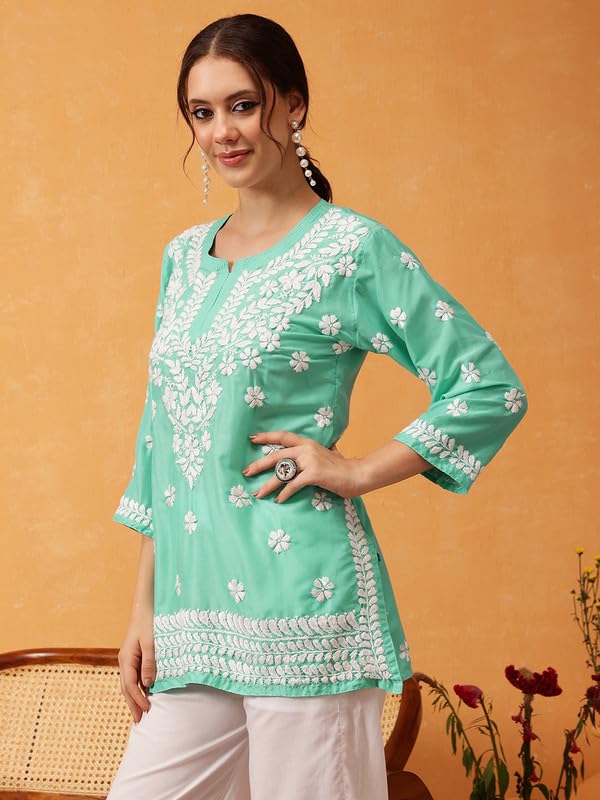 Image of Ada Hand Embroidered Lucknowi Chikankari Muslin Top for Women A911420 | Lucknowi Short Kurta Kurti Tunic Casual Wear Ethnic Wear Chikan Work Straight handcrafted top Kurti for Office