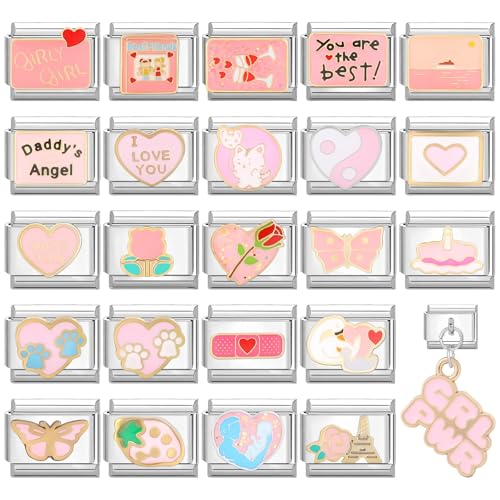 papasgix Custom Italian Charm Bracelet Charms Silver Set 10 Personalized Stainless Steel Charm Brascelets 9mm Assorted Italian Charms Bracelet Links Handmade DIY Jewelry Pink4