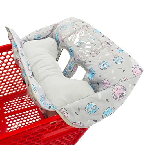 Image of Love&go Soft Pillow Attached 2-in-1 Shopping Cart and High Chair Cover for Baby, Cotton Padded Cart Cover, Fold'n Roll Style, Portable with Carry Bag (Gray Owl)