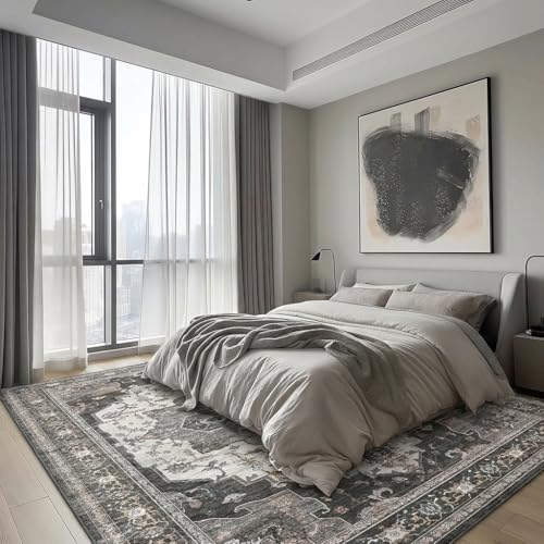 Image of BEIMO Area Rugs 8x10 for Living Room Bedroom, Modern Vintage Machine Washable Large Rug Soft Rug, Low Pile Floor Carpet with Non Slip Backing for Dining Room,Dark Grey