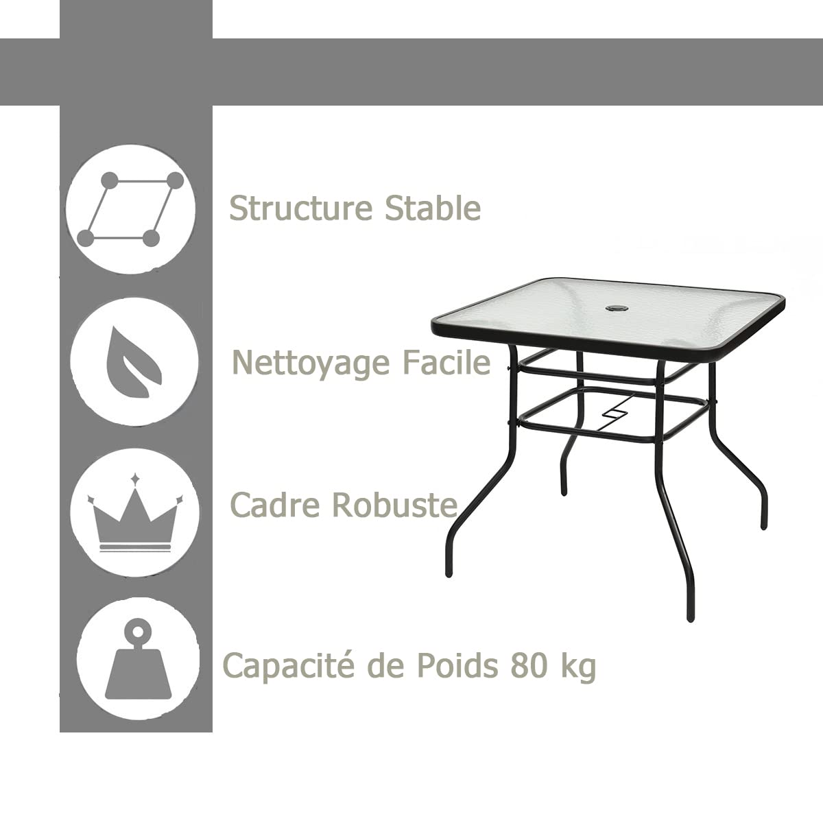GYMAX Table de Jardin avec Trou de Parasol, Table Extérieur en Verre Trempé, Cadre en Métal, Forme Carrée 81 x 81 x 71 CM, Capacité 80 KG