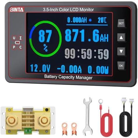 BINTA 500A Battery Monitor with Shunt, 8-100V 3.5 Inch Color Screen for LiFePO4 Lithium Gel Flooded Batteries, High Low Voltage Alarm Backlight with Sliding Cover for Car RV Golf Cart Solar Panel Boat